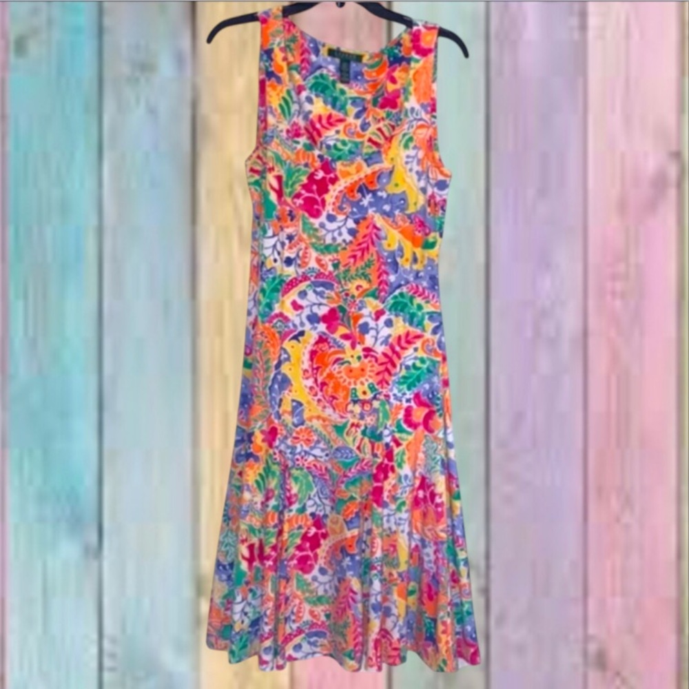 Ralph Lauren Yellow Multicolor Paisley Floral Print Fit & Flare Midi Dress